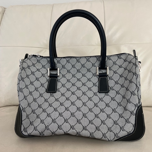 Ralph Lauren Handbags - Vintage Ralph Lauren Signature Monogram Leather Canvas Shoulder Duffle Bag